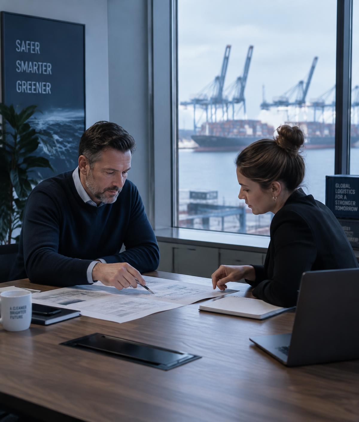Two trade managers reviewing shipping documents in an office overlooking a port