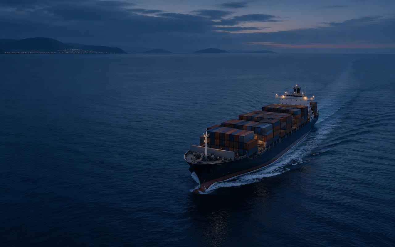 A container vessel under way at blue hour, seen from the air